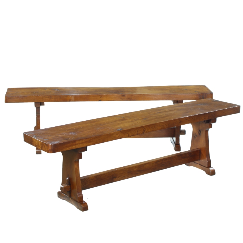 Traditional Elm Trestle Pair Dining Table Seats Benches